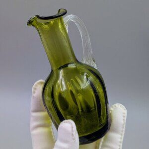 Vintage Green Ribbed Glass Mini Pitcher  Mid-Century Modern Hand-Blown Art Glass